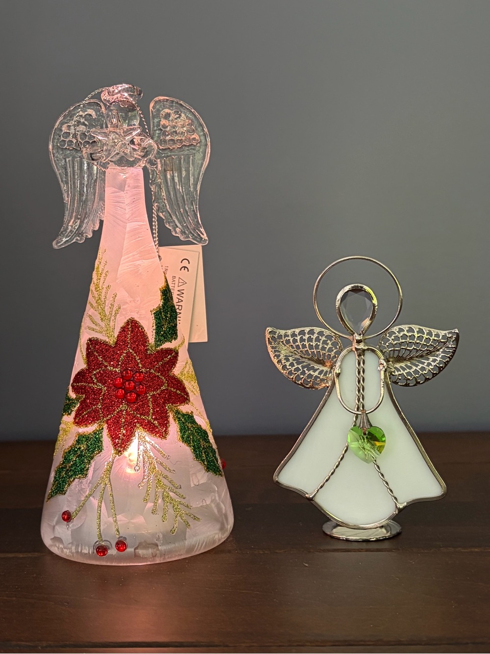 Angel with green heart & lighted angel ornament